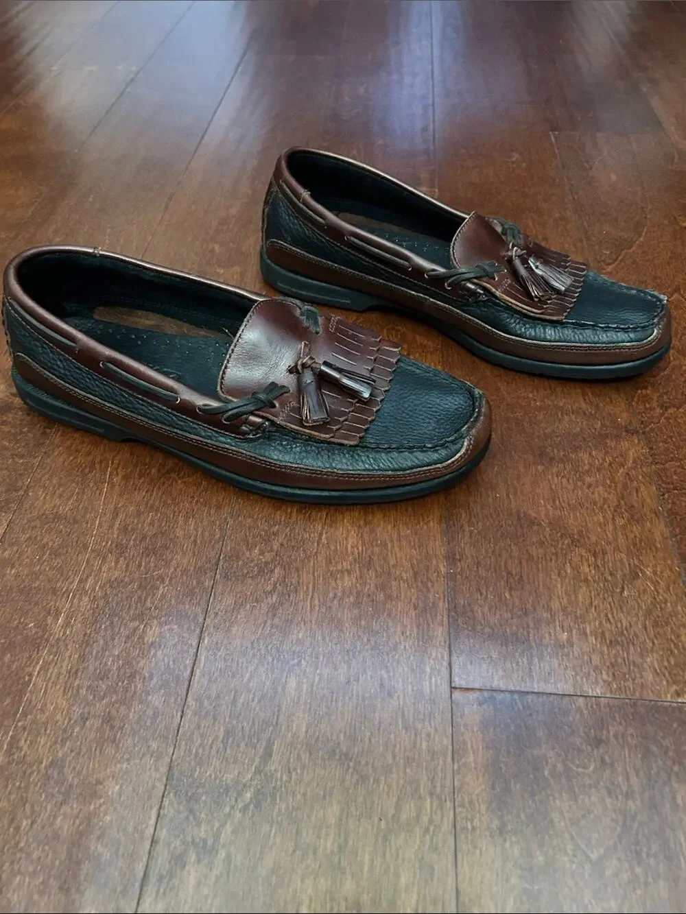 Sperry Top Sider Two-Tone Black and Brown Leather Tassel Loafers, Size 10.5